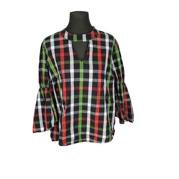 Crown & Ivy Size 2X Green Red White Bell Sleeves Keyhole Neck Button Back Blouse - Picture 1 of 8